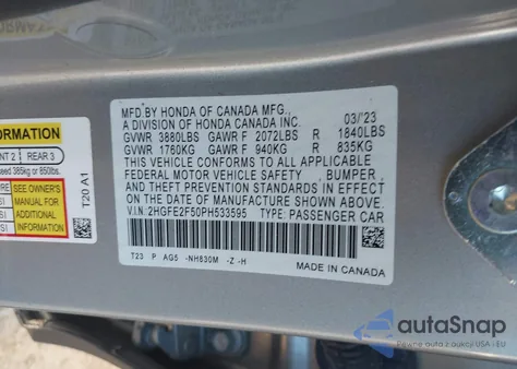 2023 Honda Civic Sport from USA, damaged, VIN 2HGFE2F50PH533595